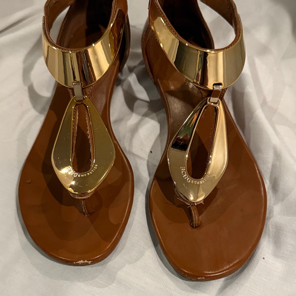 BCBGeneration Tan and Gold Sandals
